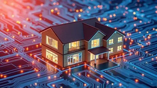 Illustration of a modern care home integrated with digital circuits, symbolising innovation and smart technology solutions for cost reduction