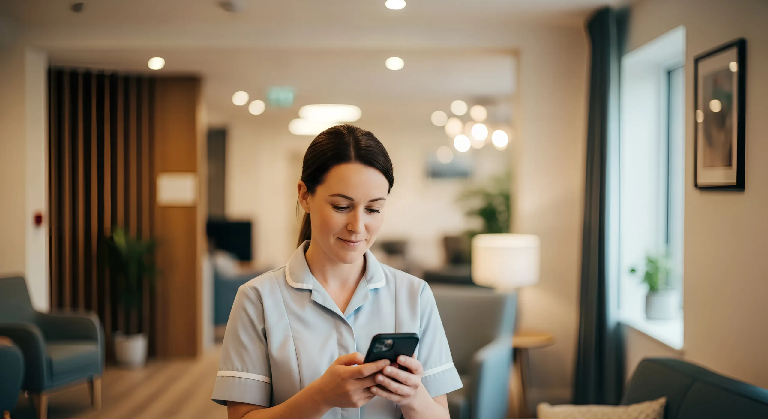Carer receiving a digital nurse call system alert on a mobile device in a care home