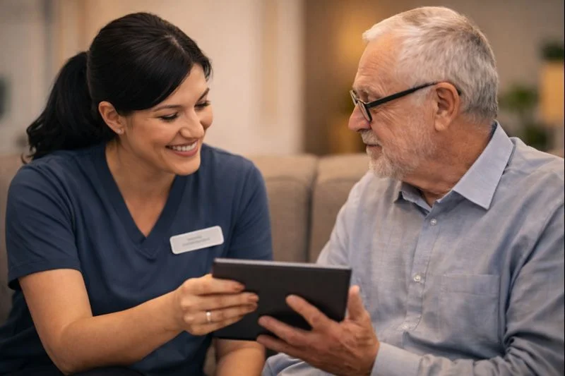 Care team supporting a resident in a calm, safe care home setting