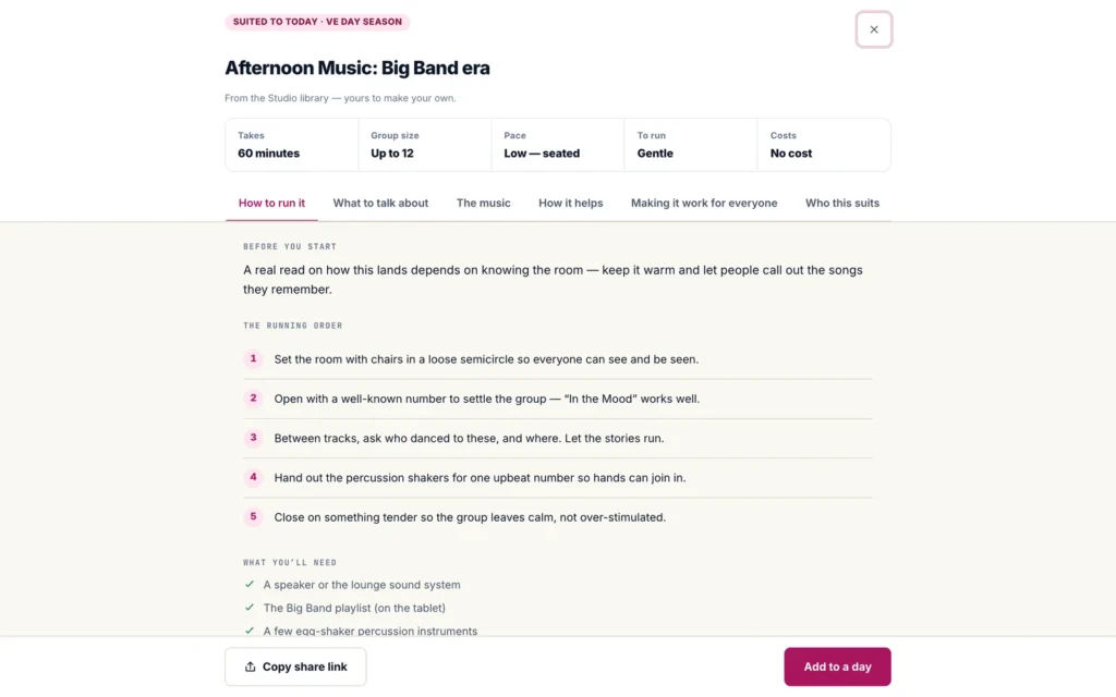 An activity plan in MoreDays Studio with timing, group size, pace and a step-by-step running order