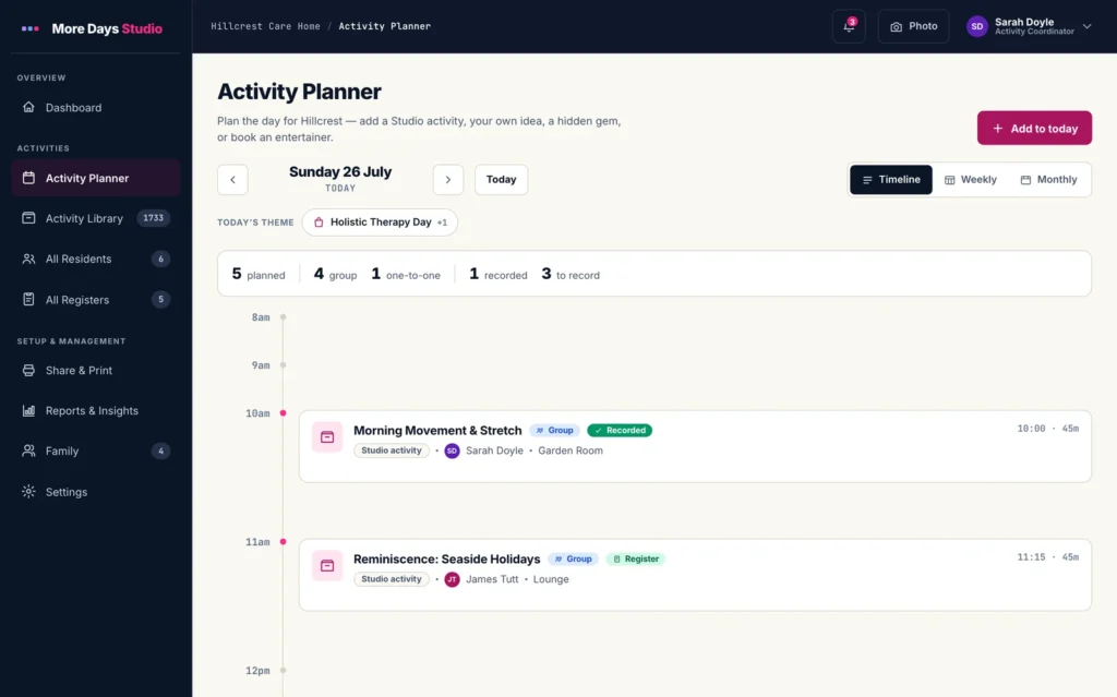 The MoreDays Studio activity planner showing a timeline of the day’s group and one-to-one sessions