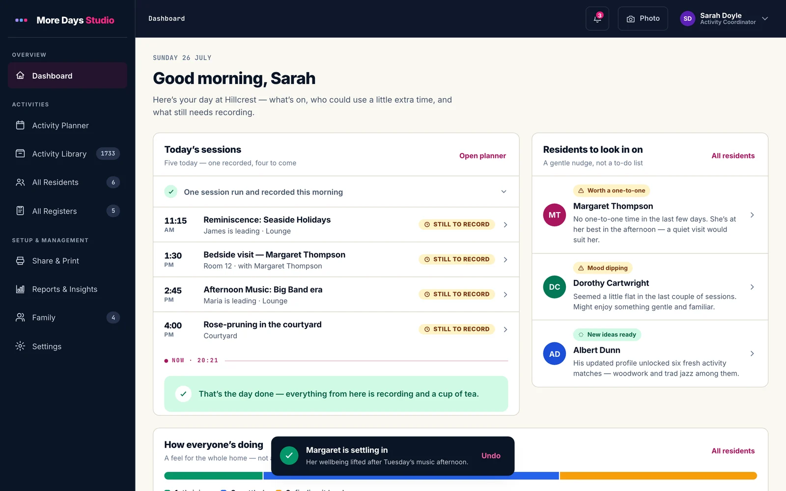 MoreDays Studio dashboard showing today’s sessions, residents to look in on, and how everyone in the home is doing
